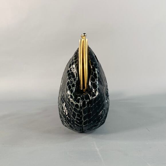 Vintage Black Gold Tone Snakeskin Leather Kiss Lock Evening Handbag - Picture 4 of 10